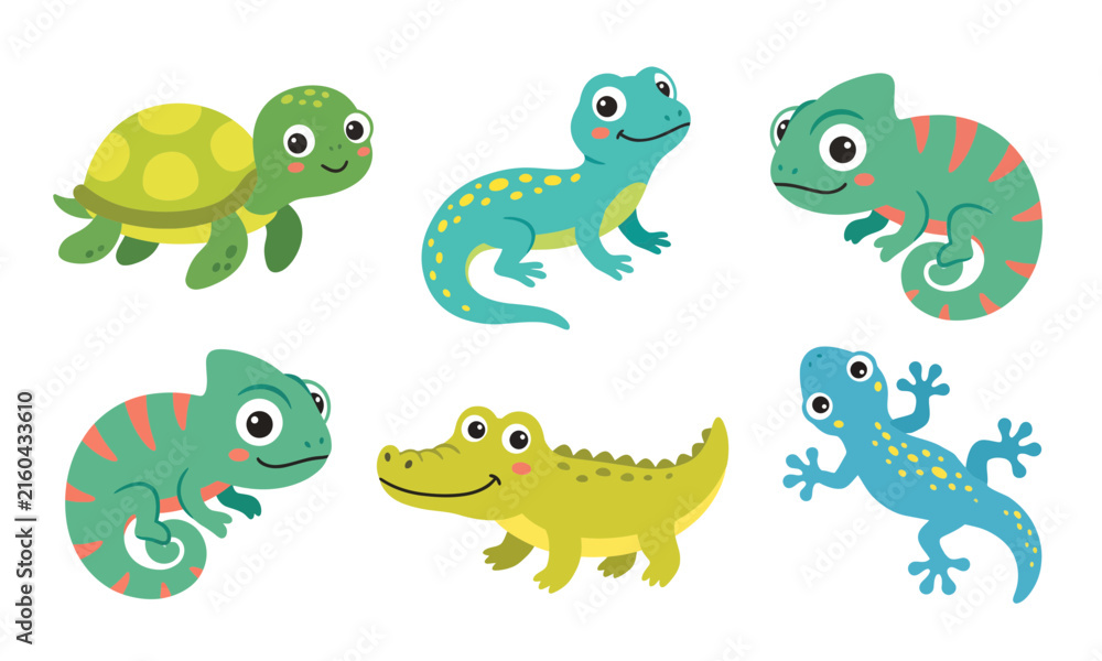 Obraz premium Five colorful cartoon frogs and lizards in cheerful poses isolated on transparent background, isolated on white background, Vector Cute animal cartoon design editable new editable 2026