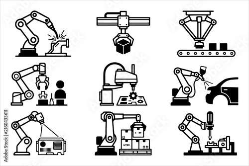 Industrial robotic arm icon set representing automated manufacturing processes like welding, painting, assembly, and packaging for smart factories