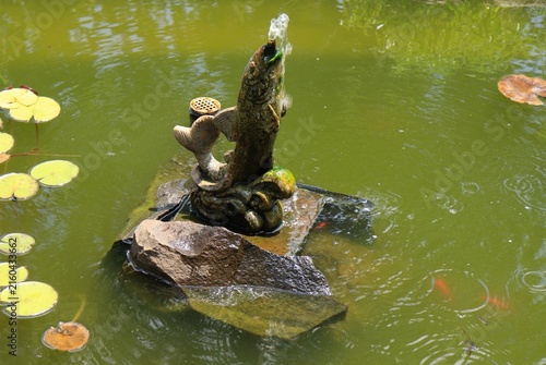 Pond fountain gurgles water upward
