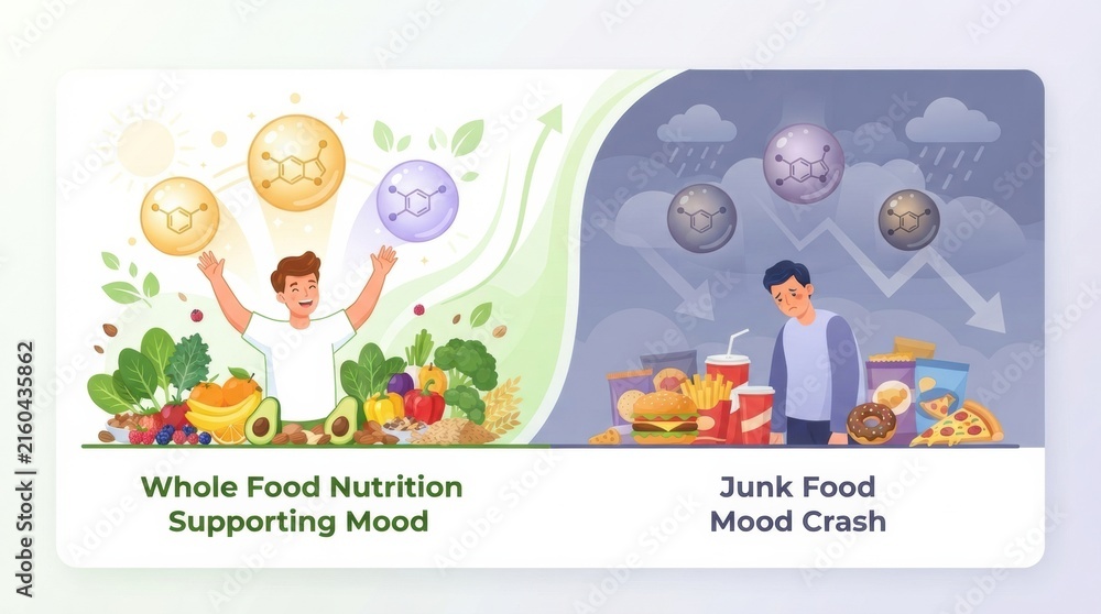 Fototapeta premium Two contrasting scenes highlight the effect of nutrition on mood.