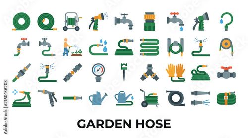 Flat garden irrigation and water hose icon set