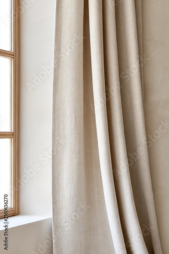 Elegant beige linen curtain draped by sunlit window for minimalist interior decor design
