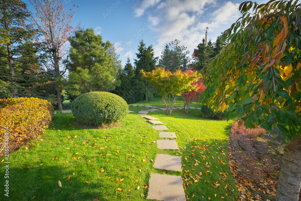 Obraz premium Winding stepping stone path cutting through a manicured green lawn with a round trimmed bush and a traditional pagoda tower visible in the background. This serene oriental park landscape