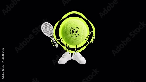 Animated tennis ball character with a racket, thumbs-up gesture, and glowing outline in a vibrant 3D/2D style. Seamless alpha-channel loop, ideal for dark backgrounds and sports projects.