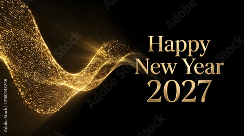 Happy New Year 2027, Golden Glitter Abstract Wave, Elegant Luxury Design with Sparkles and Light Rays, Shiny Festive Background