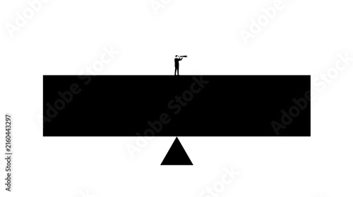 Man with telescope balancing on black seesaw vector isolated on white