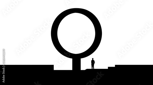 Minimalist vector silhouette of person standing before large female gender symbol isolated on white