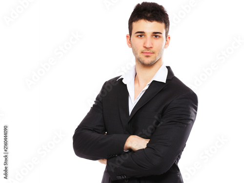 Young businessman portrait isolated on white background, looking away, waist up