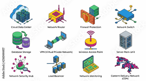 Cloud data centers, network routers, and firewall protection systems displayed as labeled isometric graphic icons on a clean white background.