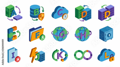 Alphabet icons combined with database servers, security shields, and network globes illustrating an educational tech set against a solid white backdrop.