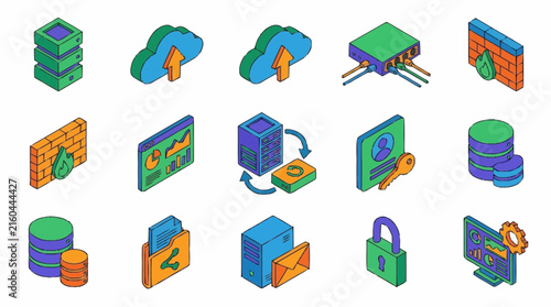 Database icons displayed in an isometric style representing server storage, cloud computing, and digital information management on a clean white background.