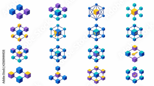 Blockchain nodes arranged in geometric patterns showing decentralized networks, cryptocurrency blocks, and secure digital ledgers on an isolated white background.