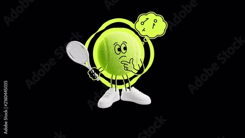 Tennis ball character planning match strategy with a racket and glowing outline in a vibrant 3D/2D style. Seamless alpha-channel loop for dark backgrounds, coaching, training, tournaments, and sports 