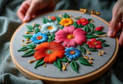Intricate Embroidery of Floral Patterns on Fabric Hoops Capturing Texture and Detail in Vibrant Thread Designs