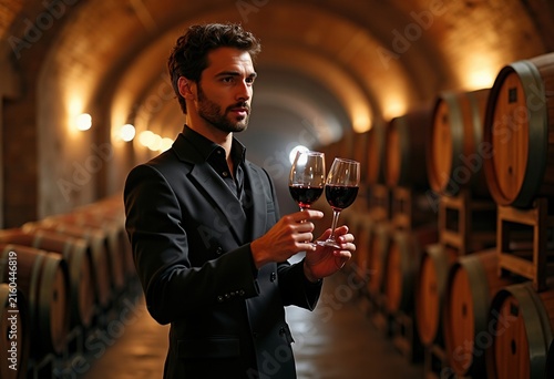 Sophisticated Sommelier Wine Tasting in Luxurious Vineyard Cellar Surroundings