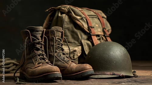 Worn combat boots canvas backpack and military helmet arranged on a rustic wooden surface with dramatic lighting