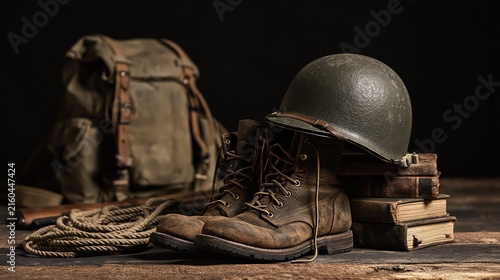 Worn leather boots and canvas backpack with vintage helmet and books on rustic wood background during twilight