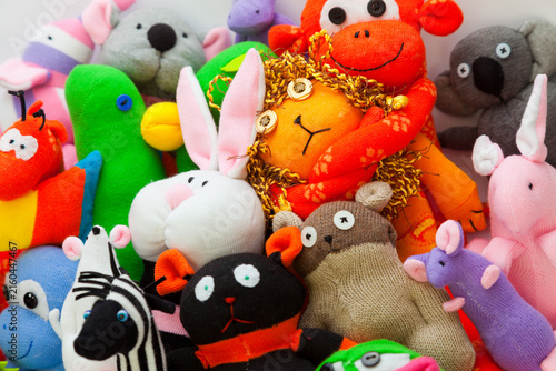 Large group of sock toys. Close up, horizontal shot