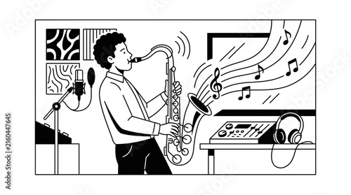Sticker Jazz musician playing saxophone in modern audio recording studio.