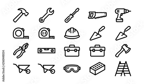 Construction tools line icons set. Hammer, wrench, drill, saw, measuring tape, helmet, trowel, toolbox, editable stroke.