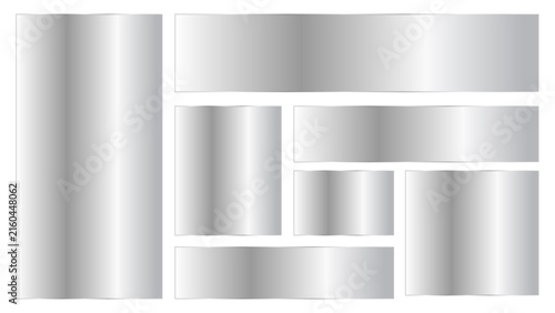 Set of metallic silver buttons and banners with rounded corners, glossy chrome texture, realistic metal plates for web design and user interface elements