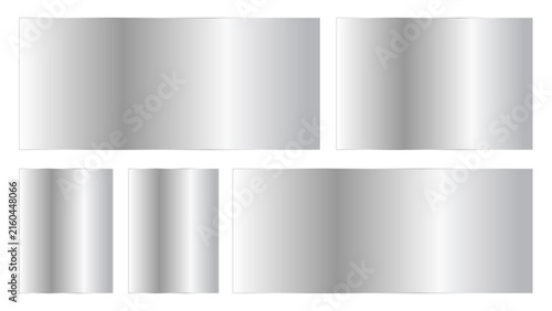 Set of metallic silver buttons and banners with rounded corners, glossy chrome texture, realistic metal plates for web design and user interface elements