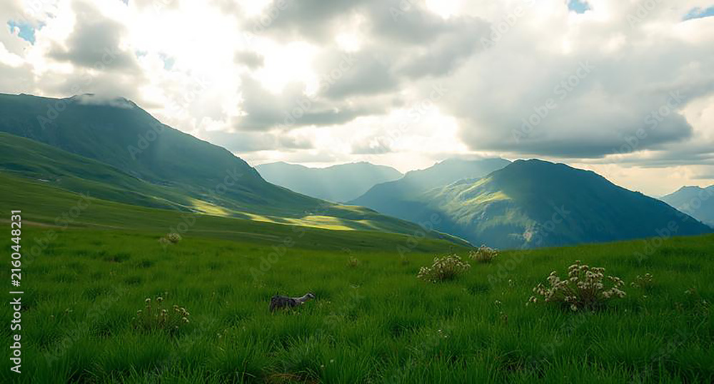 Fototapeta premium Green mountain meadow landscape with dramatic clouds and sunlight over rolling hills.