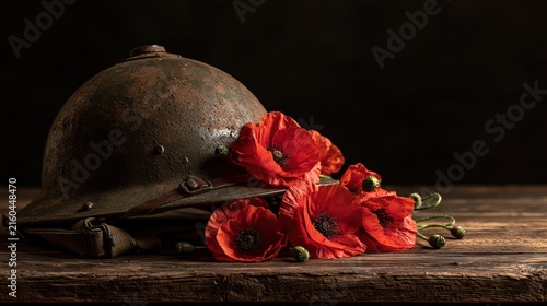 WWI helmet with poppies resting on a wooden surface during remembrance day with dramatic lighting