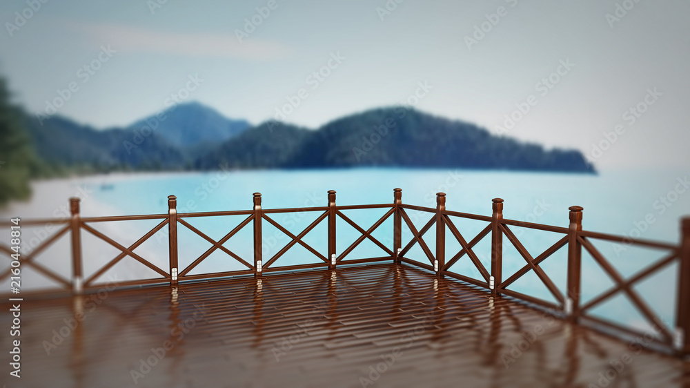 Fototapeta premium Balcony with a nice sea and mountains view. 3D illustration