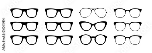Collection of twelve different styles of eyeglasses and spectacles silhouettes isolated on transparent background
