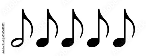 A series of five black musical notes scattered across a white background in a row