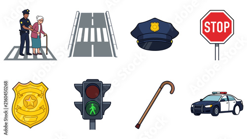 Vector set of police and traffic safety icons featuring officers, signs, and patrol cars.