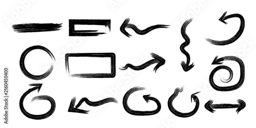 Set of hand drawn black ink brush strokes arrows frames and shapes isolated on white background