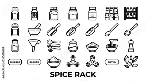 Minimalist black spice rack and condiment line icons.