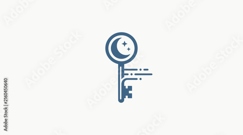 Minimalist blue crescent moon and key symbol