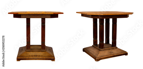 antique arts and crafts style octagonal wooden table isolated on white background