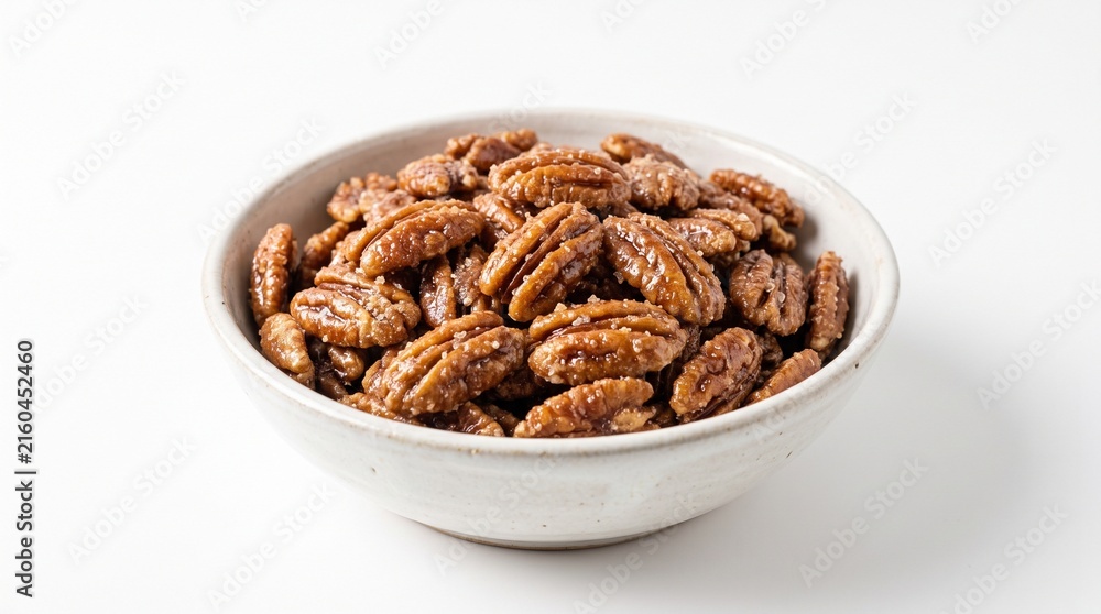 Fototapeta premium Bowl of Candied Pecans Sprinkled with Sugar Crystals on a White Background