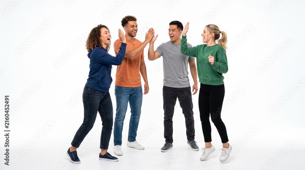 Obraz premium Diverse group of four friends celebrating with high fives and smiles against a white background