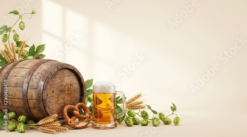 Oktoberfest Beer Barrel and Stein Border with Pretzel, Hops and Wheat