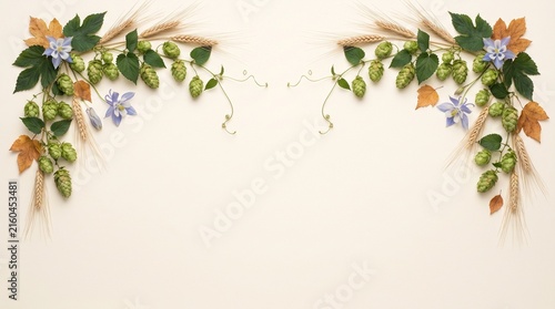 Oktoberfest Botanical Border with Hops, Wheat, Wildflowers and Autumn Leaves