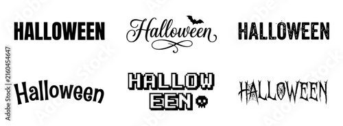 A diverse compilation of six distinct distressed halloween lettering designs featuring a variety of styles and textures on a clear transparent backdrop