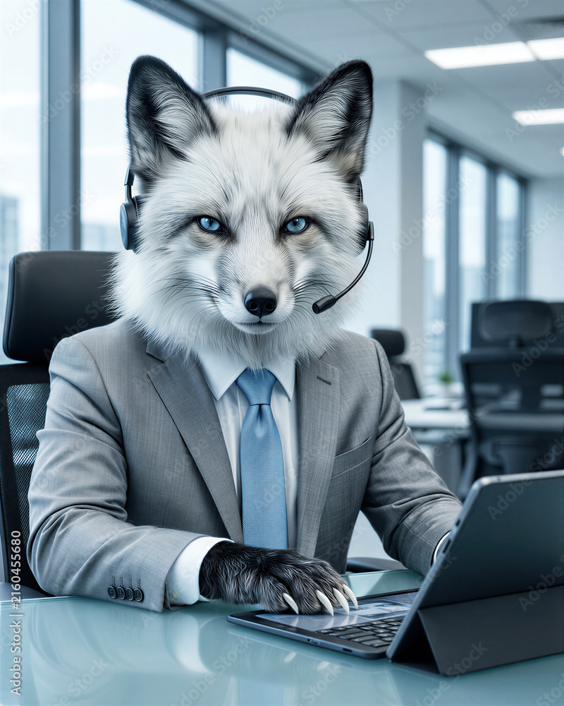 Naklejka premium A pure white arctic fox with black-tipped ears in a silver suit sits on a video call with steady ice-blue eyes, showing complete business focus in cool modern office daylight.