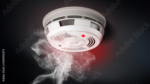 Fotografie Smoke Detector with red warning light sensing smoke