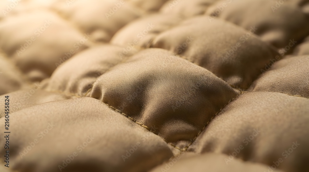 Naklejka premium Close-up detail of puffy quilted satin fabric in a light beige color showing soft textures and precision stitching for luxury bedding or high-end fashion upholstery design