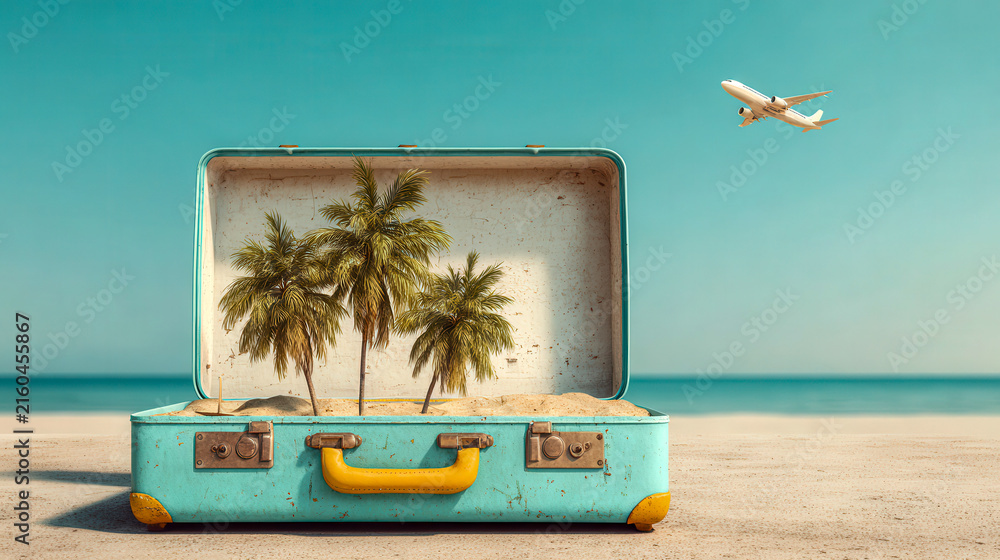Obraz premium Suitcase holds palm trees on a beach under an airplane flying in the sky above