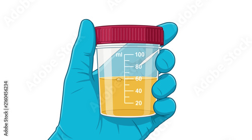 Medical glove holding clear specimen container filled with yellow liquid for laboratory testing vector graphic design