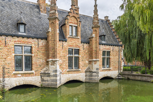 Bruges town in Belgium, Europe. Historic brick structure with arched foundations over tranquil green canal water, beside a weeping tree, under a soft sky