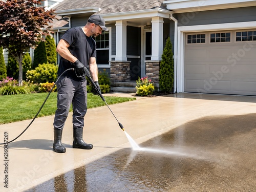 Professional worker pressure washing driveway, cleaning concrete surface with water jet, home maintenance labor, man in black clothes spraying vehicle entrance