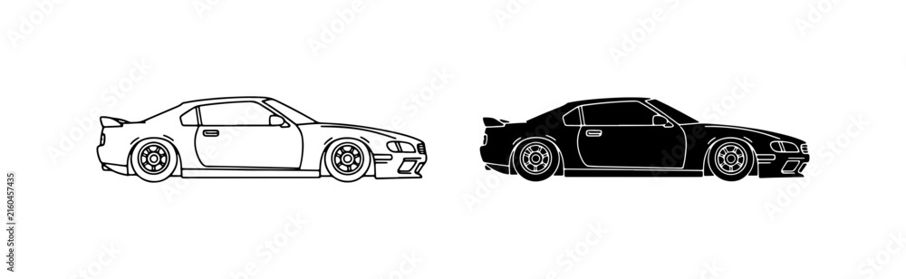 Naklejka premium Sporty Coupe Car Vector Icons, Black and White Outline Silhouettes for Automotive Design