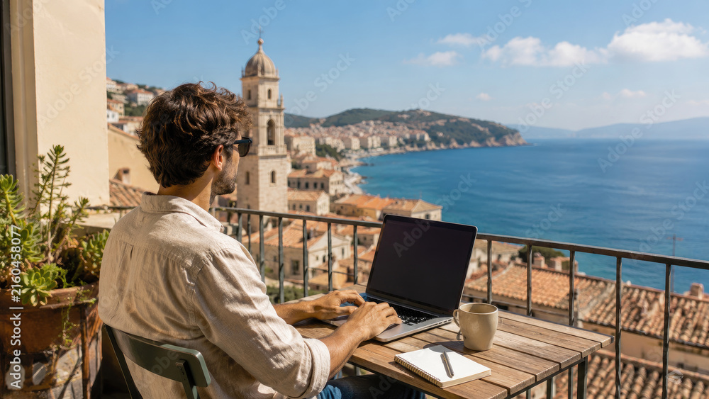 Fototapeta premium Man working on a laptop at a sunny balcony terrace overlooking a Mediterranean seaside town and blue ocean, with coffee and a notebook on the table
